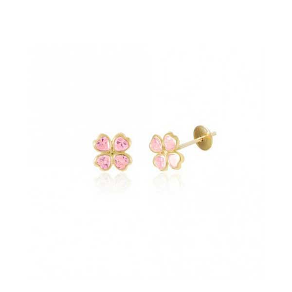 Brinco em Ouro 18K Trevo de Zircônias Rosas com 9mm Brinco em Ouro 18K Trevo de Zircônias Rosas com 9mm