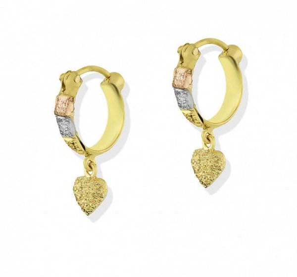 Brinco em Ouro 18K Argola Tricolor diamantada com coração Brinco em Ouro 18K Argola Tricolor diamantada com coração