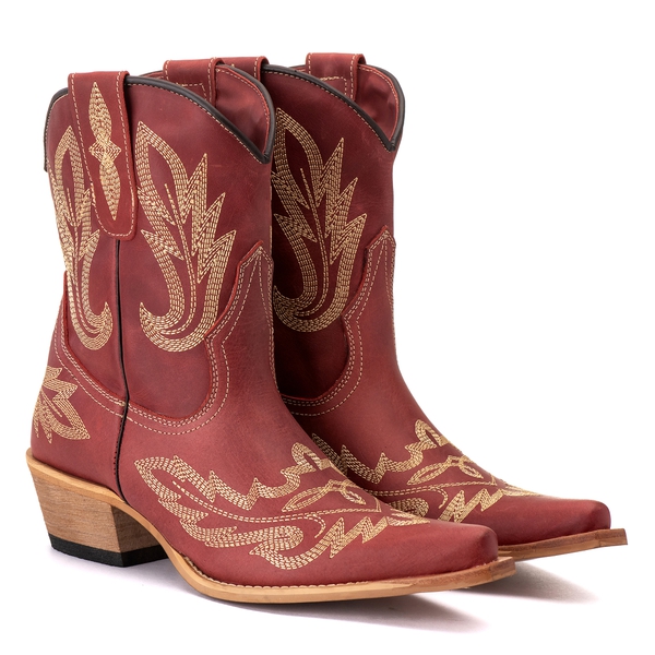 Bota Feminina Texana Tucson - Couro Fóssil Vermelha - Solado P52 Natural