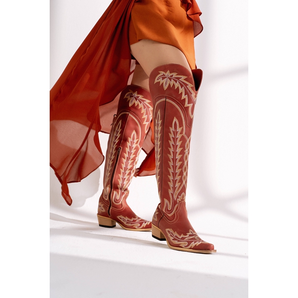 Bota Feminina OverKnee Tucson - Couro Tucson Fóssil Vermelho -Solado P52 Rústico Natural