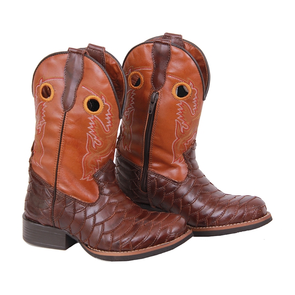 Bota Infantil Tucson - Couro escamado Firenze Café com Firenze Caramelo Cano - Solado Tucson Kids