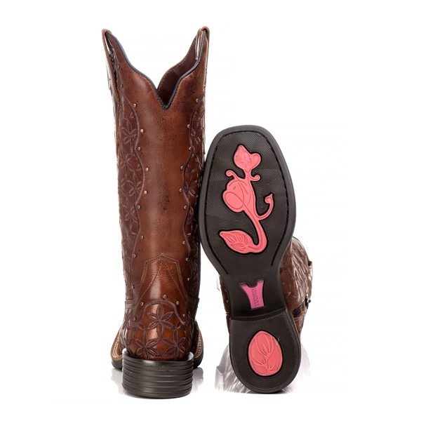 Bota Feminina Texana Tucson - Couro Euro Texas Wisky - Solado Flor 