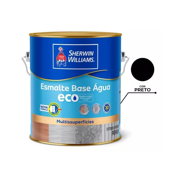 ESMALTE BASE D AGUA BRILHANTE PRETO 3,6L