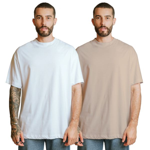 Kit 2 Camisetas Oversized 100% Algodão - Bege + Branco