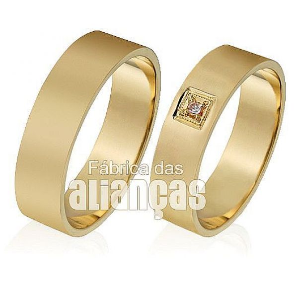 Alianças de Ouro com Pedra de Diamante - FA-304 - Fábrica das Alianças