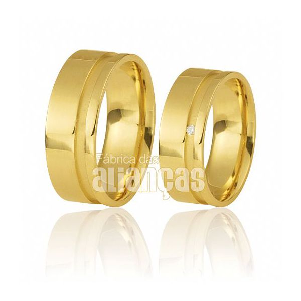 Alianças de Casamento com Friso Escovado em Ouro Amarelo - FA-490 - Fábrica das Alianças