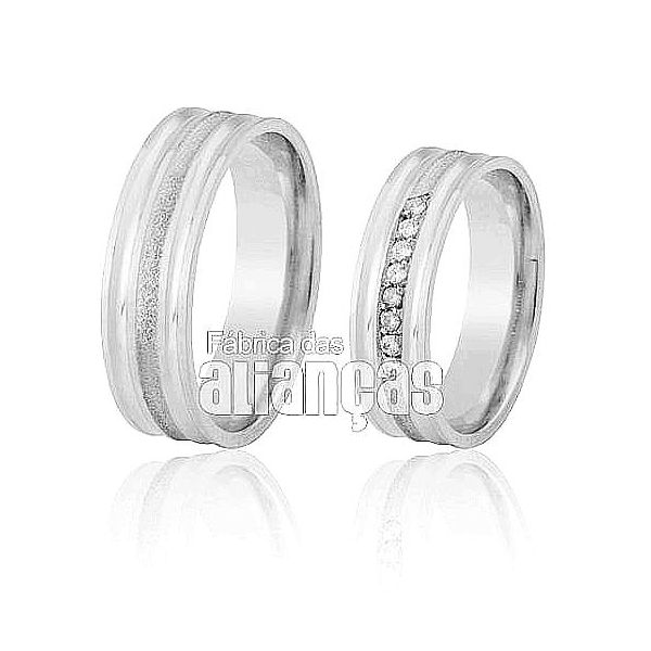 Aliança De Ouro Branco 18k Com Diamantes - FA-500-B - Fábrica das Alianças