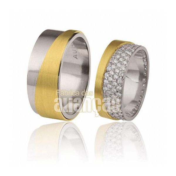 Aliança Em Ouro Branco 18k e Detalhes Em Brilhantes - FA-116 - Fábrica das Alianças