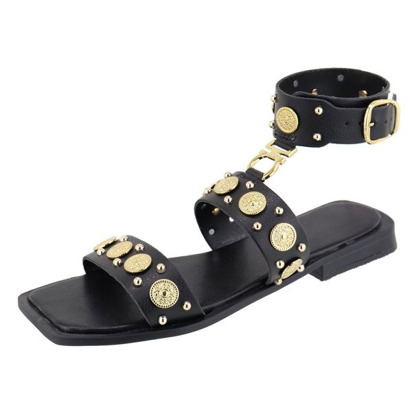 Rasteira Aura Flat Mix Detalhes Boho Preto