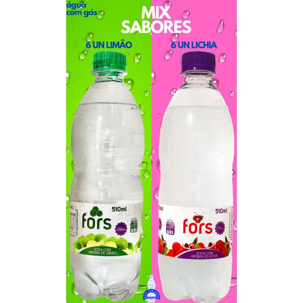 MIX SABORES LIMÃO E LICHIA - 6 unidades: Água c/ Gás Saborizada Limão 510ml + 6 Unidades: Água c/ Gás Saborizada Lichia 510ml - Fors - Fardo Fechado = 12 unidades