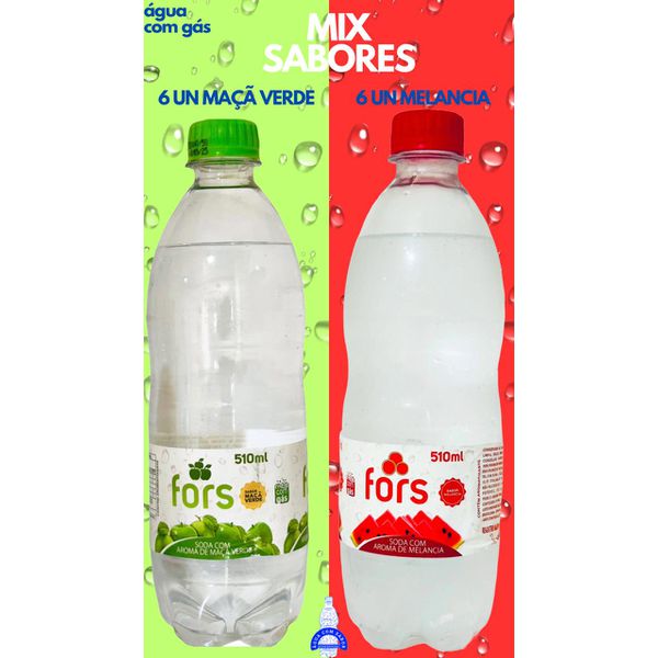 MIX SABORES MAÇÃ VERDE E MELANCIA - 6 unidades: Água c/ Gás Saborizada Maçã Verde 510ml + 6 Unidades: Água c/ Gás Saborizada Melancia 510ml - Fors - Fardo Fechado = 12 unidades