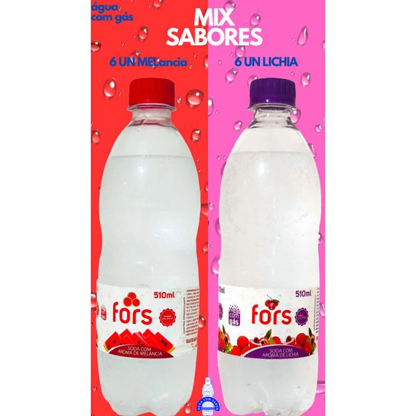 MIX SABORES MELANCIA E LICHIA - 6 unidades: Água c/ Gás Saborizada Melancia 510ml + 6 Unidades: Água c/ Gás Saborizada Lichia 510ml - Fors - Fardo Fechado = 12 unidades