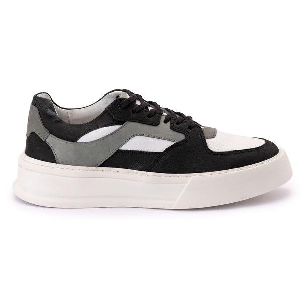Tênis Masculino Couro Tricolor Branco Preto e Cinza