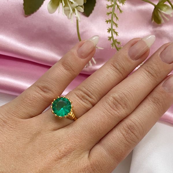 Anel Solitario Banhado A Ouro Grade com Pedra Zirconia Verde Agua 