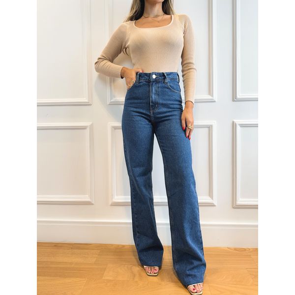 Calça Vih Wide Leg Cintura super alta - Jeans escuro