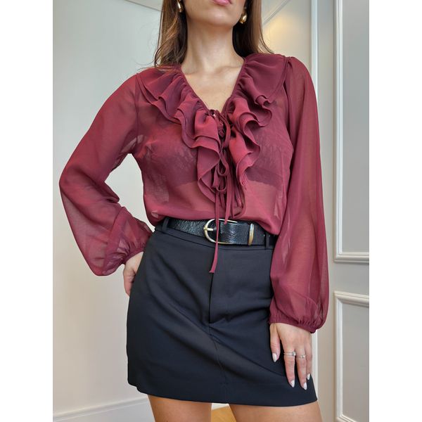 Blusa Clarisse manga longa com babado e amarração transparência - Bordô