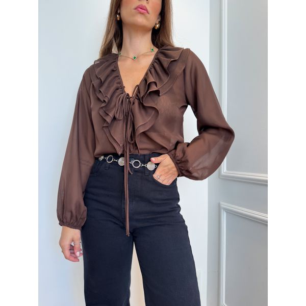 Blusa Camys manga longa com babado e amarração transparência - Marrom