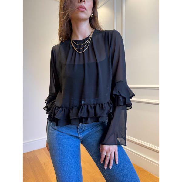 Blusa Ester manga longa com babado e transparência - Preto