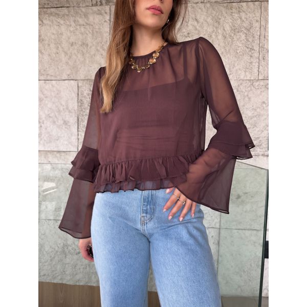 Blusa Ester manga longa com babado e transparência - Marrom