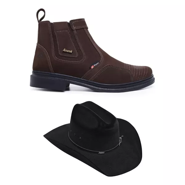 KIT Vaqueiro Botina Em Couro + Chapéu