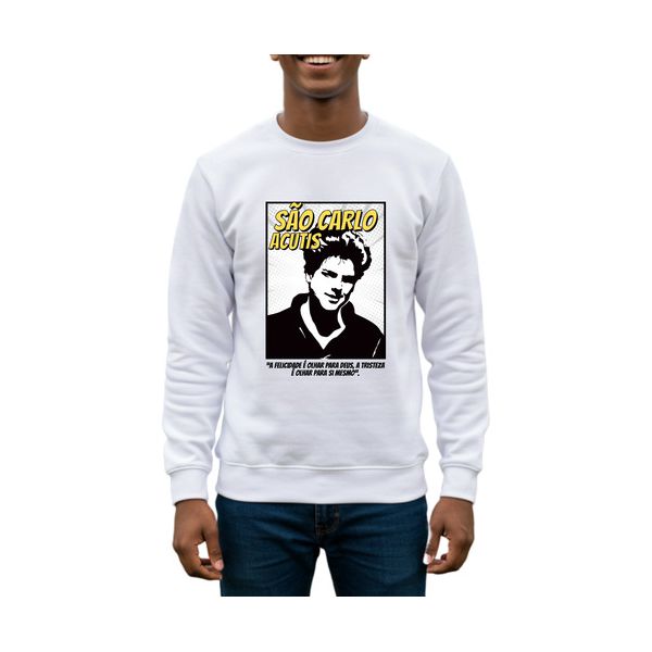 Blusa São Carlo Acutis Comic Católico Moletom Branco Branco