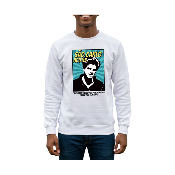 Blusa Comic São Carlo Acutis Católico Moletom Branco Branco