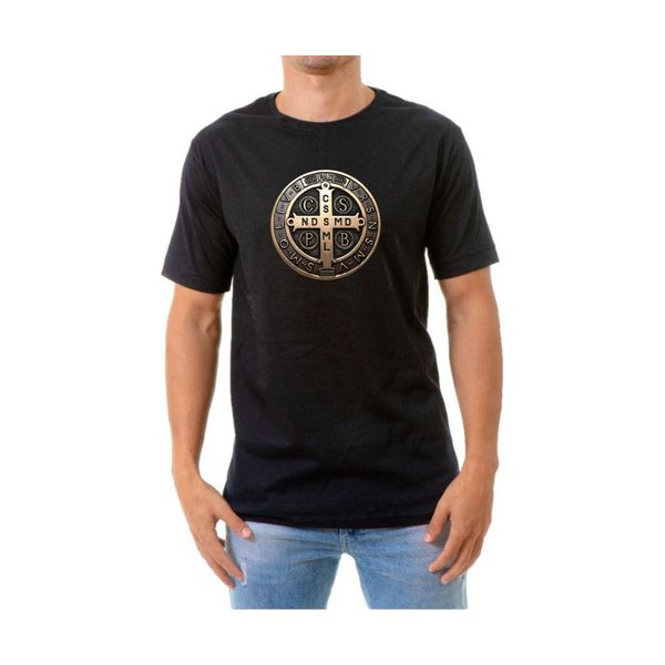 Camiseta Medalha São Bento Bronze Preta Masculina Algodão