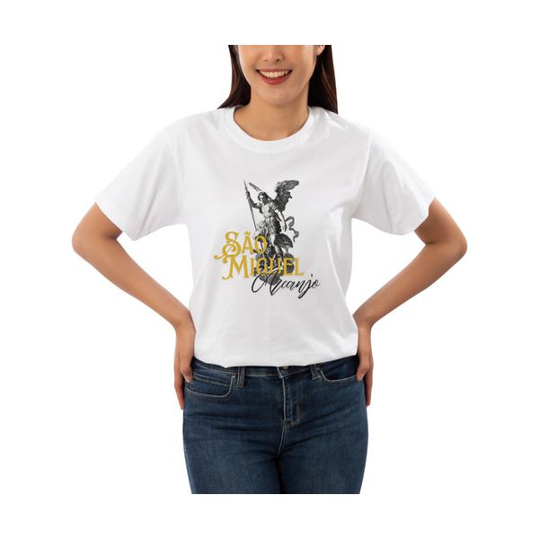 Camiseta São Miguel Arcanjo Branca Feminina Fé Católica