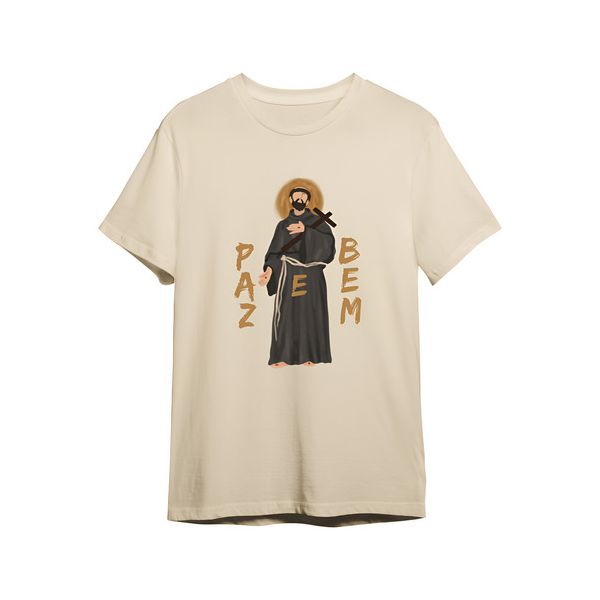 Camiseta São Francisco Assis Bege Paz E Bem Católico Santo