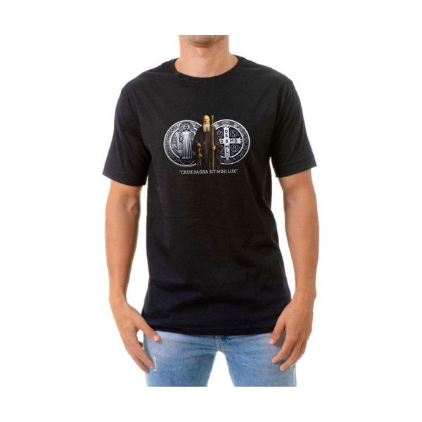 Camiseta Medalha São Bento Algodão Preta Santo Católico