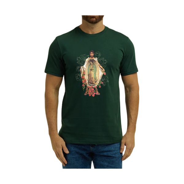 Camiseta Guadalupe Verde Musgo Católica Algodão Espanhol