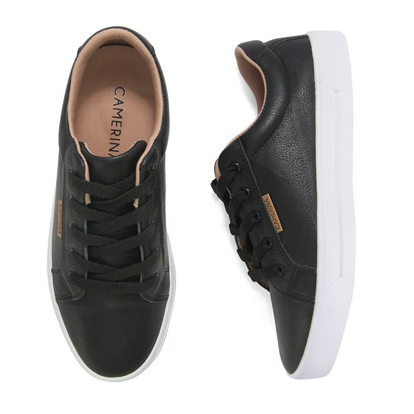 Tênis Couro Feminino Sola Baixa Preto Camerina