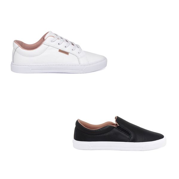 Kit tênis + slip on couro p&b baixo