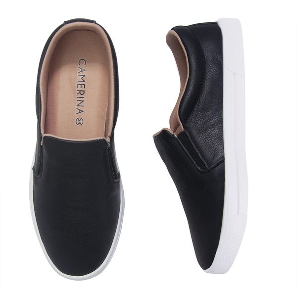 Calçados Slip On Preto Couro Feminino Tênis Feminino Tenis Slip