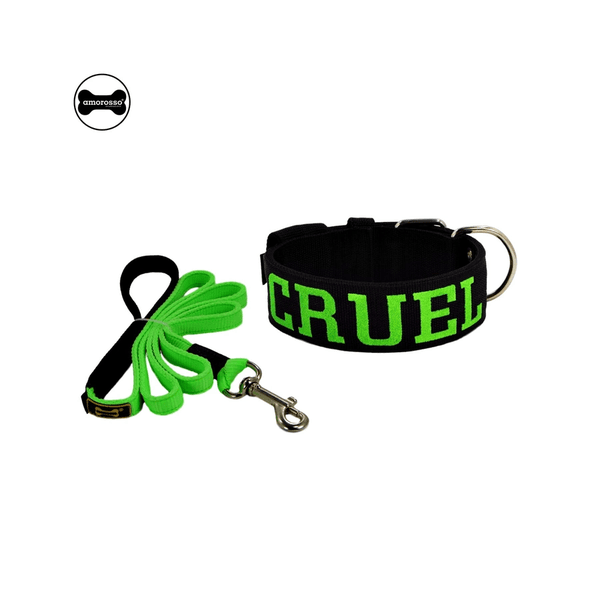 Coleira Para Cachorro Personalizada + Guia Longa 1,20m (Total Black e Verde Limão) 