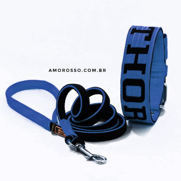 Coleira Para Cachorro Personalizada + Super Guia 1,50m (azul e preto)