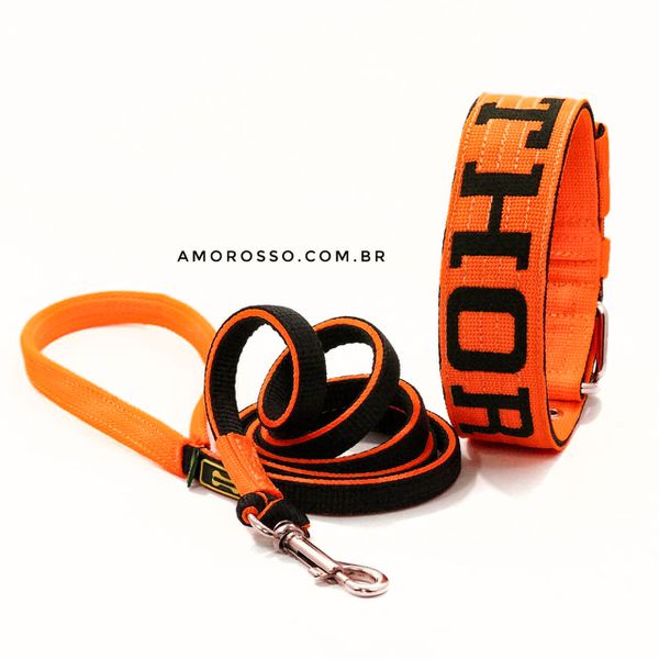 Coleira Para Cachorro Personalizada + Super Guia 1,50m (laranja e preto) 