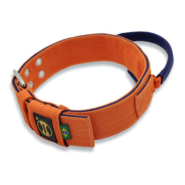 Coleira Para Cachorro Com Alça - Personalizada (laranja e azul marinho) + Guia 80cm 