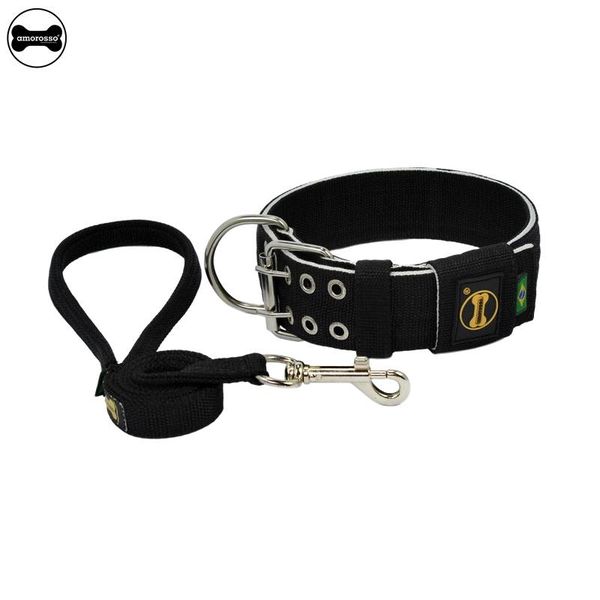 Coleira Para Cachorro Amorosso + Guia de Passeio (Preto e Branco)