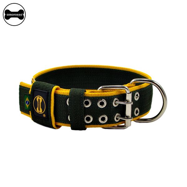  Coleira Para Cachorro Amorosso Slim (verde militar e amarelo)