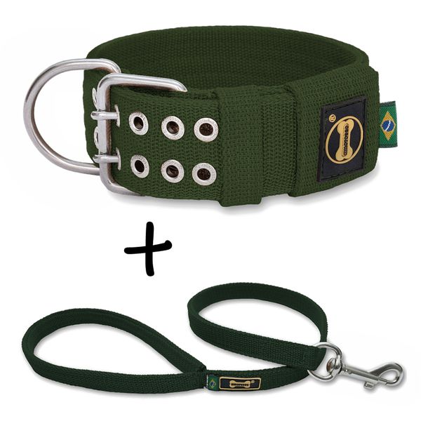 Coleira Para Cachorro Amorosso + Guia Curta 80cm (VERDE MILITAR) 