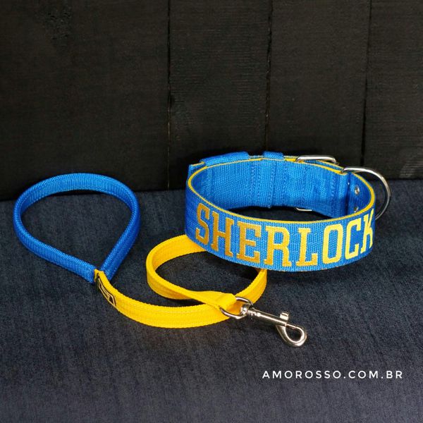 Coleira Para Cachorro Personalizada + Guia Curta 80cm (azul e amarelo)
