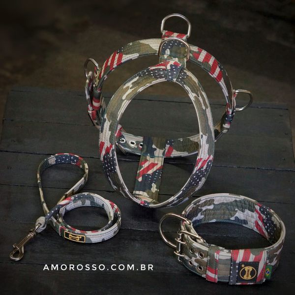 Kit Amorosso Camuflado USA (Peitoral + Coleira + Guia) 