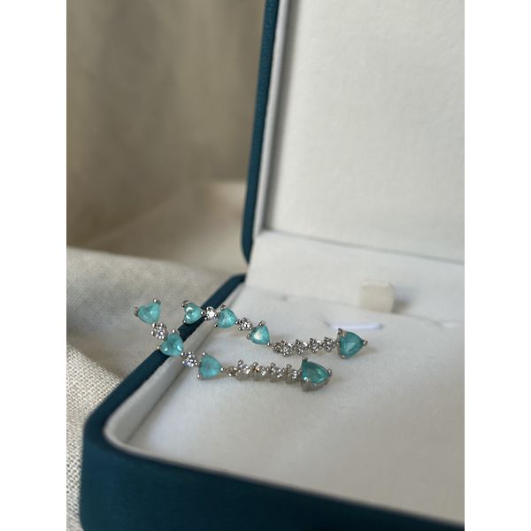 Brinco Ear Cuff Corações Turmalina Paraíba Banhado a Ródio Branco