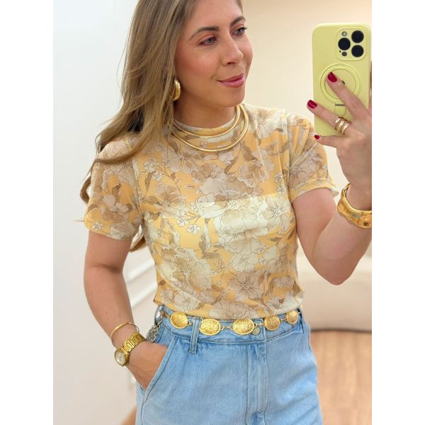 Blusa Tule Floral Amarela