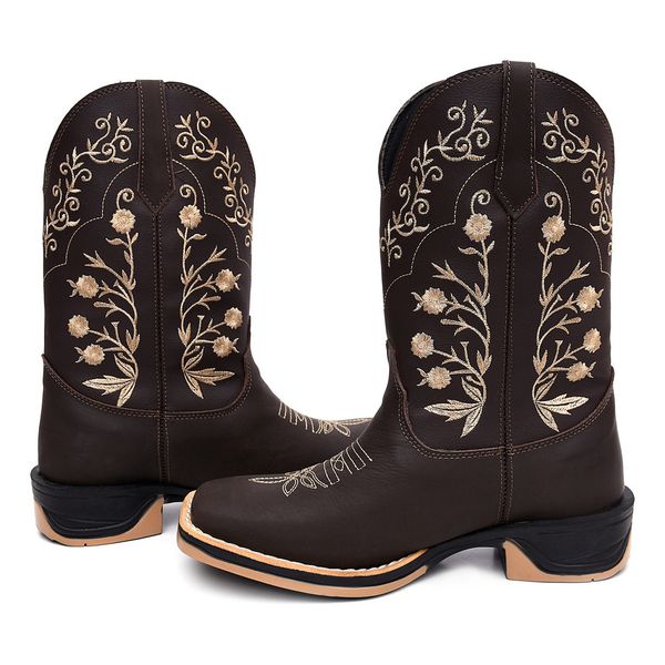 Bota Texana Feminina Flores Bege Country Em Couro Sola Jump Lançamento