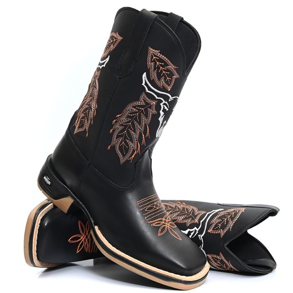 Bota Texana Masculina Sola Jump Country Bico Quadrado Cara De Boi Bordado Couro Legítimo 
