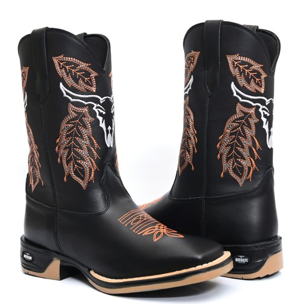 Bota Texana Masculina Sola Jump Country Bico Quadrado Cara De Boi Bordado Couro Legítimo 