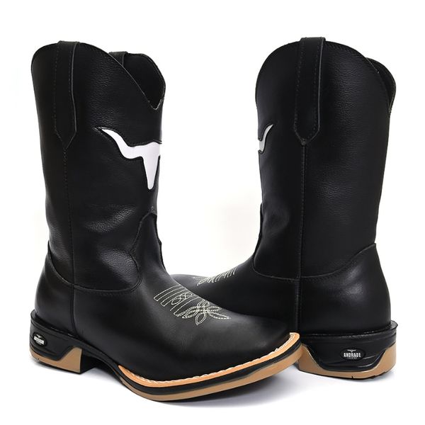 Bota Texana Masculina Country Bico Quadrado Couro Sola Jump Delegada Cano Alto Preta 