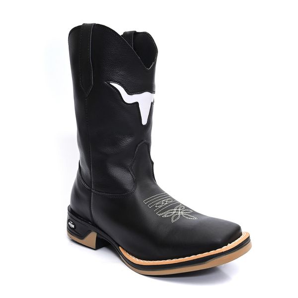 Bota Texana Masculina Country Bico Quadrado Couro Sola Jump Delegada Cano Alto Preta 
